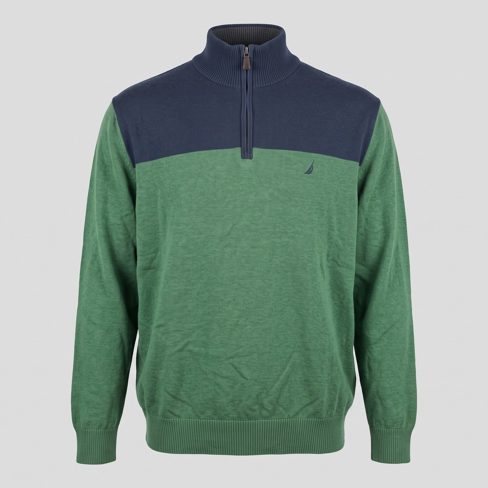 Nautica Mens XXL Green Navy Blue Sweater Quarter Zip Colorblock Cotton Pullover
